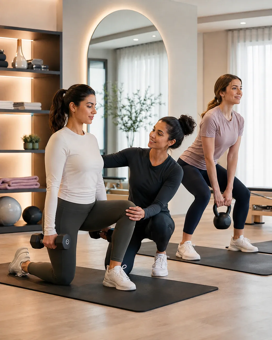 مدربة تساعد سيدات أثناء تمارين القوة واللياقة في Pro Shape