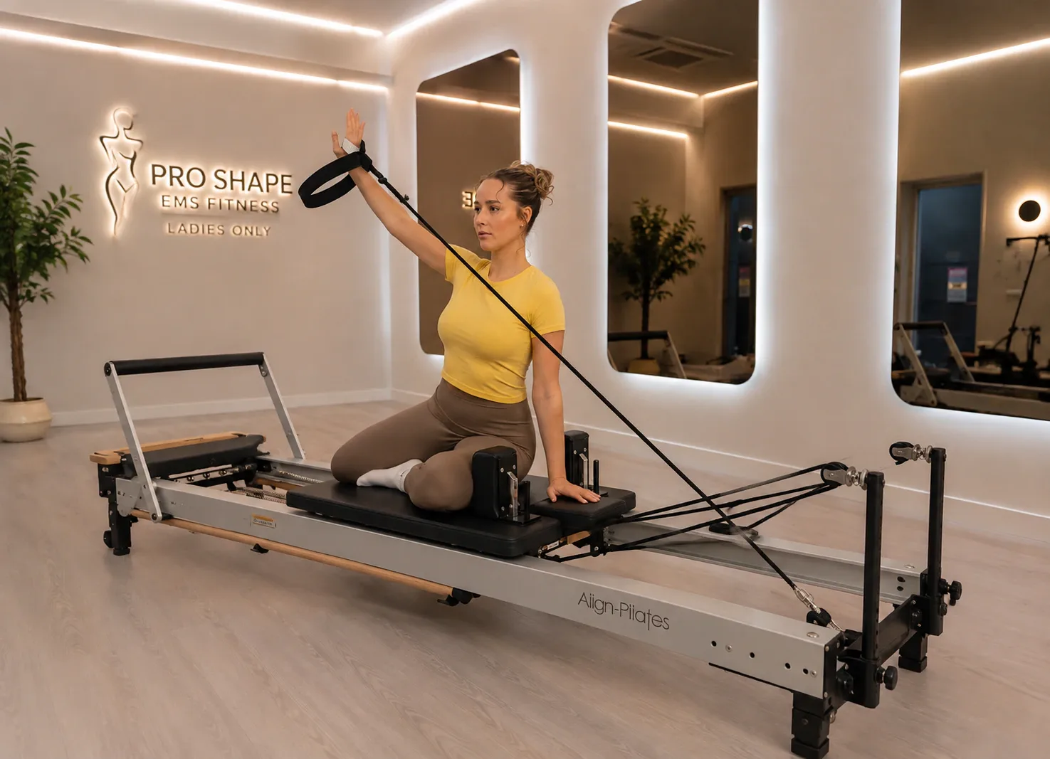 سيدة تتمرن على جهاز Reformer Pilates داخل Pro Shape في عجمان